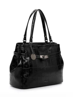 Tamaris bags - Gulia City Shopper L - Svart blank väska med crocomönster