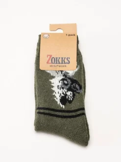 Zokks - Hunt Woll 1-pack - Gröna ullstrumpor med älgmotiv